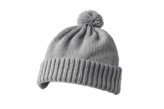 gray warm winter hat with pompom, png file of isolated cutout object with shadow on transparent background.