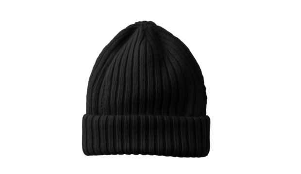 black warm winter hat, png file of isolated cutout object with shadow on transparent background.
