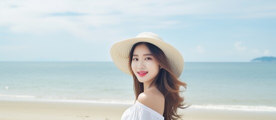 beautiful asian woman wearing hat and white dress.