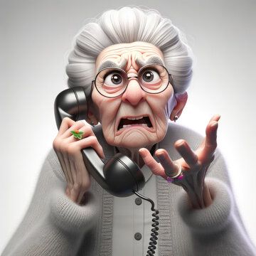 Eine alte Frau ist frustriert am Telefon