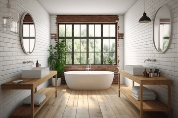 Fototapeta na wymiar 3D rendering of a retro bathroom with wooden floor, white brick and vertical wood plank wall, wooden basin table, and large windows allowing sunlight. Generative AI