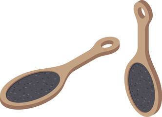 Pumice stone for heels with wooden handle. Tool for pedicure and removal of rough skin on feet. Isometric vector illustration.
