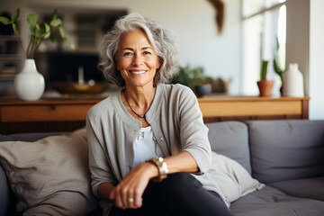 a Smiling middle aged woman sitting on sofa at home, single mature senior in living room