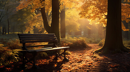 bench in the fall forest - obrazy, fototapety, plakaty
