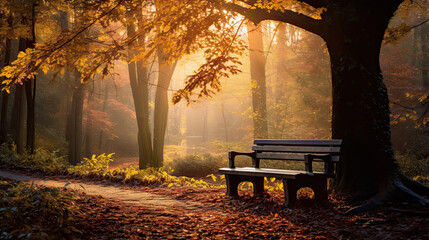 bench in the fall forest - Powered by Adobe