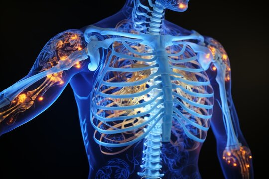 Human body backbone medical radiology cervical bones anatomy neural connections torso organs X-ray neurosurgery joint artery tissue systems pain illuminated science diagnostic scanning arm shoulders 
