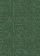 Hand-drawn unique abstract seamless ornament. Light green on a darker warm green background, with splatters of golden glitter. Paper texture. Digital artwork, A4. (pattern: p08-1e)