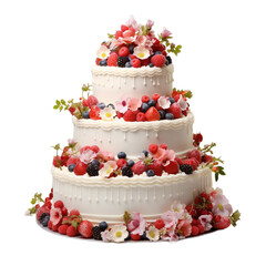 three layer wedding cake with berrys isolated on a white background, ai generated