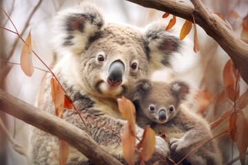 Obraz premium koalas in tree with baby on their shoulder Generative AI
