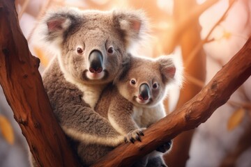 koalas in tree with baby on their shoulder Generative AI