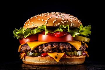 American-style burger on black background. Generative AI