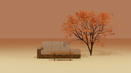 秋のインテリアイメージ　ソファと紅葉