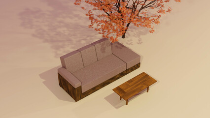 秋のインテリアイメージ　ソファと紅葉