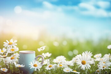 Spring summer natural background with light blue mug with daisies in the meadow. Generative AI