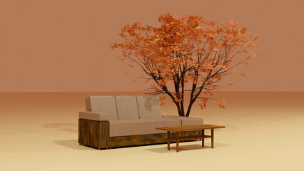 秋のインテリアイメージ　ソファと紅葉