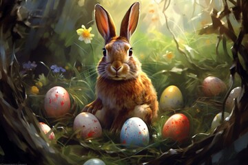 Fototapeta na wymiar A hare with Easter eggs in a meadow. Generative AI
