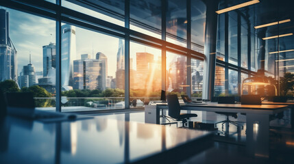 Beautiful blurred background of a light modern office hall with panoramic windows and beautiful lighting. AI Generative