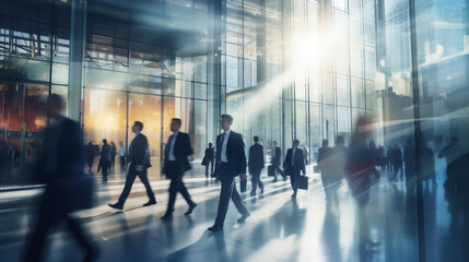 Crowd of blurred business people walking in a modern entrance. AI Generative - obrazy, fototapety, plakaty