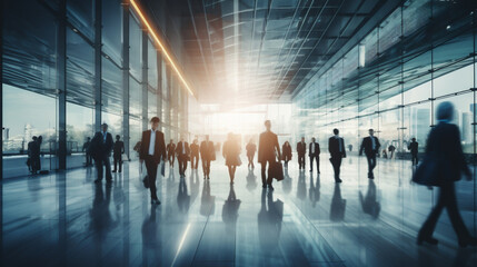 Crowd of blurred business people walking in a modern entrance. AI Generative