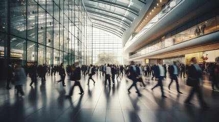 Crowd of blurred business people walking in a modern entrance. AI Generative