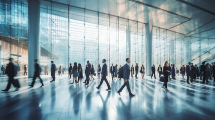 Crowd of blurred business people walking in a modern entrance. AI Generative