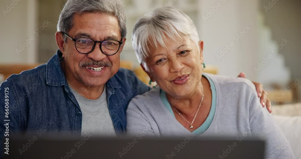 Sticker Senior, couple and video call on laptop with wave, hello or greeting with happiness on sofa in living room. Elderly, man and woman with smile on computer for communication, networking or conversation