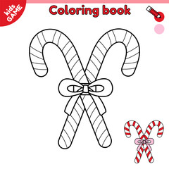 Outline Christmas red striped candy cane. Page of coloring book for kids with cartoon lollipop. Color contour new year caramel sweets. Activity book for children. Black and white vector illustration.