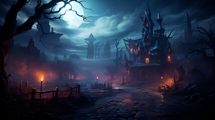 Wooden creepy castle in the evening . The Haunted House.Mystical Halloween scene