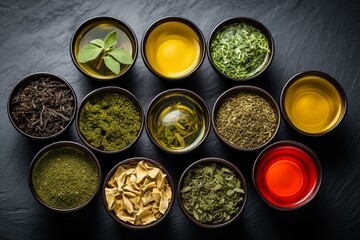 Variety of teas including matcha, green tea, yerba mate, chai latte, hibiscus, chamomile, boba, earl grey, and black tea. Generative AI - obrazy, fototapety, plakaty