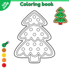 Outline gingerbread christmas tree. Page of coloring book for kids with cartoon Christmas sweets. Color contour new year cookies. Activity book for children. Vector illustration classic Xmas biscuit.