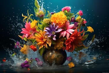 vibrant floral arrangement amid vibrant water splashes, against a plain background. Generative AI