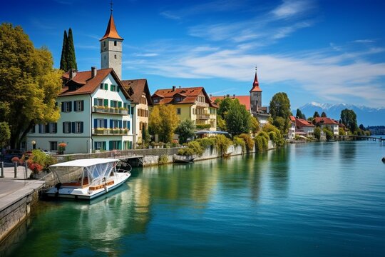 Beautiful harbor in Lindau, a charming town on the shores of Lake Constance. Generative AI