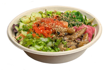 poke bowl isolated on white background (hawaiian seafood dish) with masago, pickled shiitake, salmon sashimi, spicy tuna, cucumber, edamame soybeans, marinated radish, wakame seaweed salad) cut out