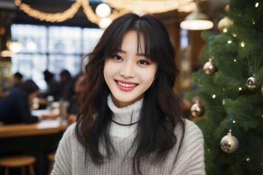 Portrait joyful cheerful wide smiling healthy white teeth young Japanese businesswoman lady female student celebrating New Year party indoors cafe restaurant holidays weekend Christmas friendship rest