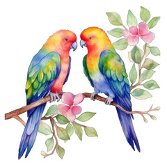 Fototapeta premium Colorful love birds perched on a tree branch, isolated on white background transparent