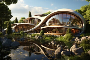 Fototapeta premium House of the Future. Alternative creative planning design architecture innovative modern modernized buildings. the skill and science of constructing, designing buildings and structures.