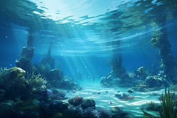 Mesmerizing underwater view with an island and swaying trees in the gentle breeze, offering a glimpse of diverse marine life. Generative AI - obrazy, fototapety, plakaty