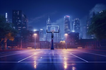 Stunning street basketball court in urban night setting, featuring an outdoor sports playground with a hoop on a shield, against a dark cityscape background. Generative AI - obrazy, fototapety, plakaty