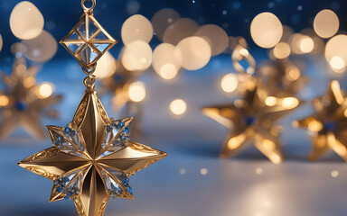 Golden christmas star with bokeh background. 3d rendering