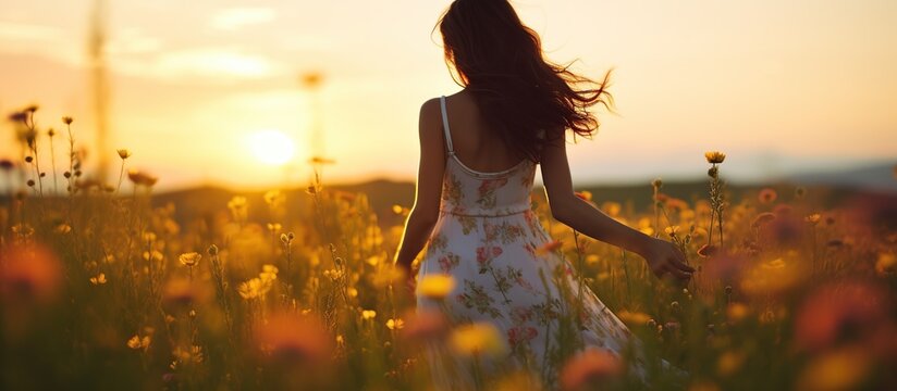 Beautiful girl walking in colorful flower garden in spring at sunset.