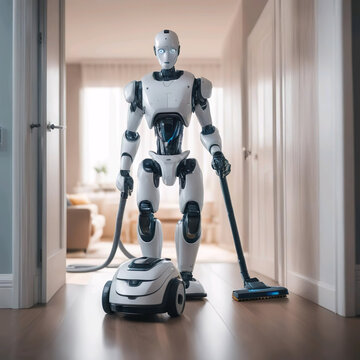 Robot con inteligencia artificial asistente del hogar pasando la aspiradora en una casa