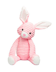 Pink bunny. Soft plush hare children's toy isolated on white background.