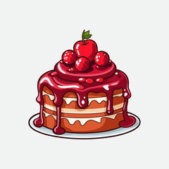 Vector colorful sweet cake isolated on white or transparent background. Cute birthday cake decorated with cream topping, fruit and