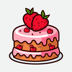 Vector colorful sweet cake isolated on white or transparent background. Cute birthday cake decorated with cream topping, fruit.