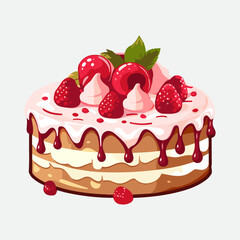 Vector colorful sweet cake isolated on white or transparent background. Cute birthday cake decorated with cream topping, fruit.