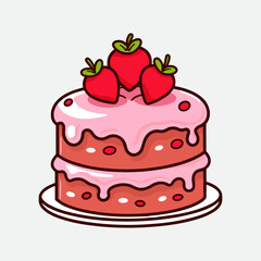 Vector colorful sweet cake isolated on white or transparent background. Cute birthday cake decorated with cream topping, fruit.