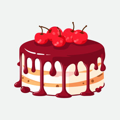 Vector colorful sweet cake isolated on white or transparent background. Cute birthday cake decorated with cream topping, fruit.