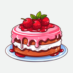 Vector colorful sweet cake isolated on white or transparent background. Cute birthday cake decorated with cream topping, fruit and