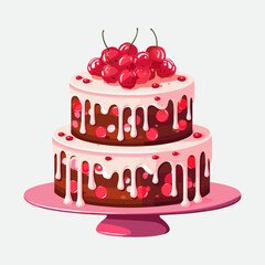 Vector colorful sweet cake isolated on white or transparent background. Cute birthday cake decorated with cream topping, fruit.