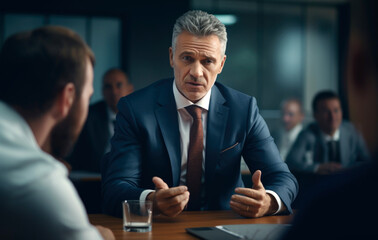 group of business people having meeting in office. man in suit talking during meeting in conference room. - obrazy, fototapety, plakaty
